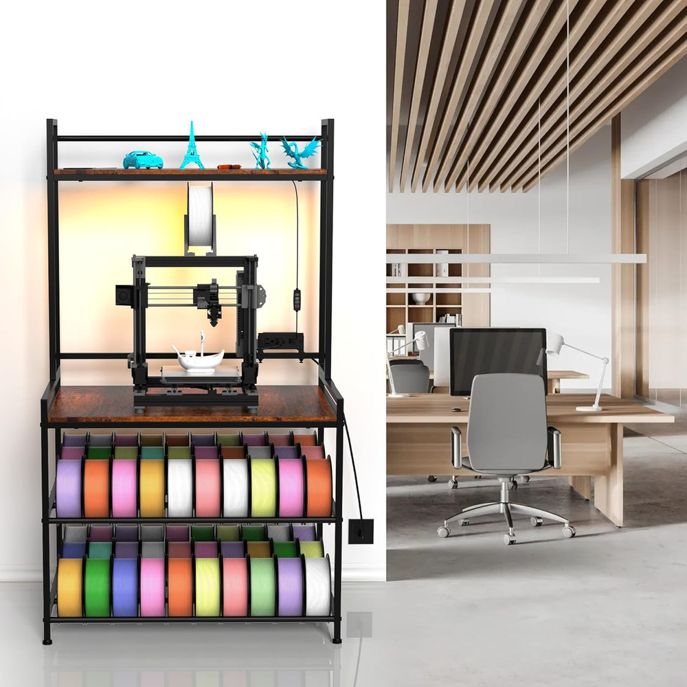 Heavy Duty 3D Printer Stand with LED Light & Filament Storage - Black