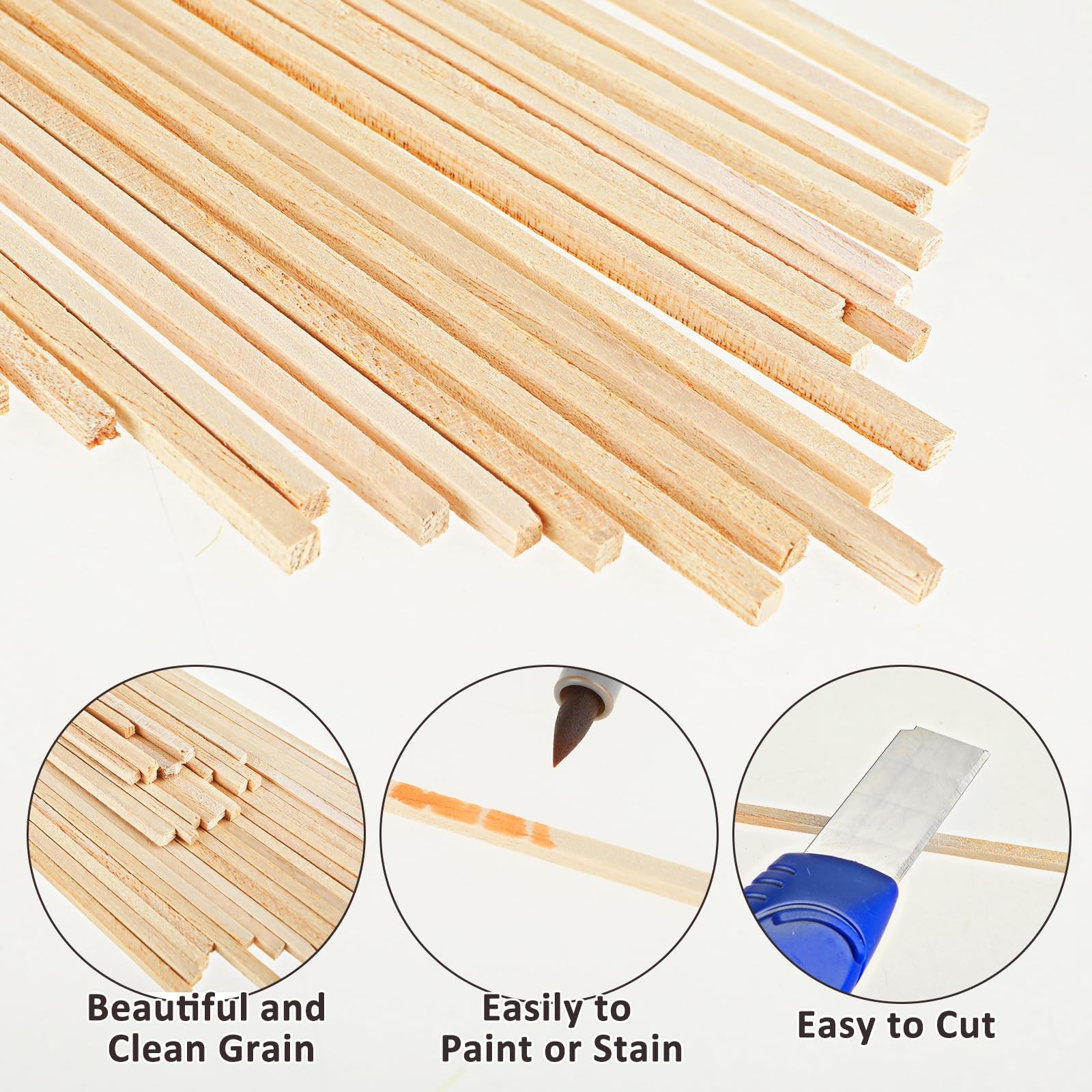 50 PCS Wooden Dowel Rods, Square Dowels 1/8" x 12"（50pcs）, wood color