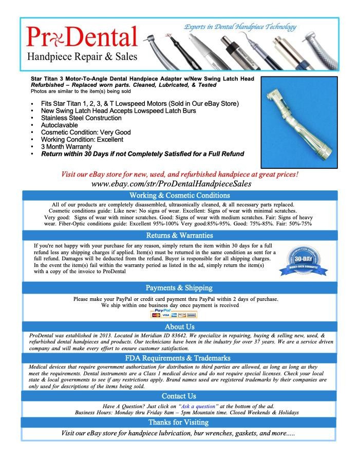 Star Titan 3 Motor-To-Angle Dental Handpiece Adapter w/New Swing Latch Head