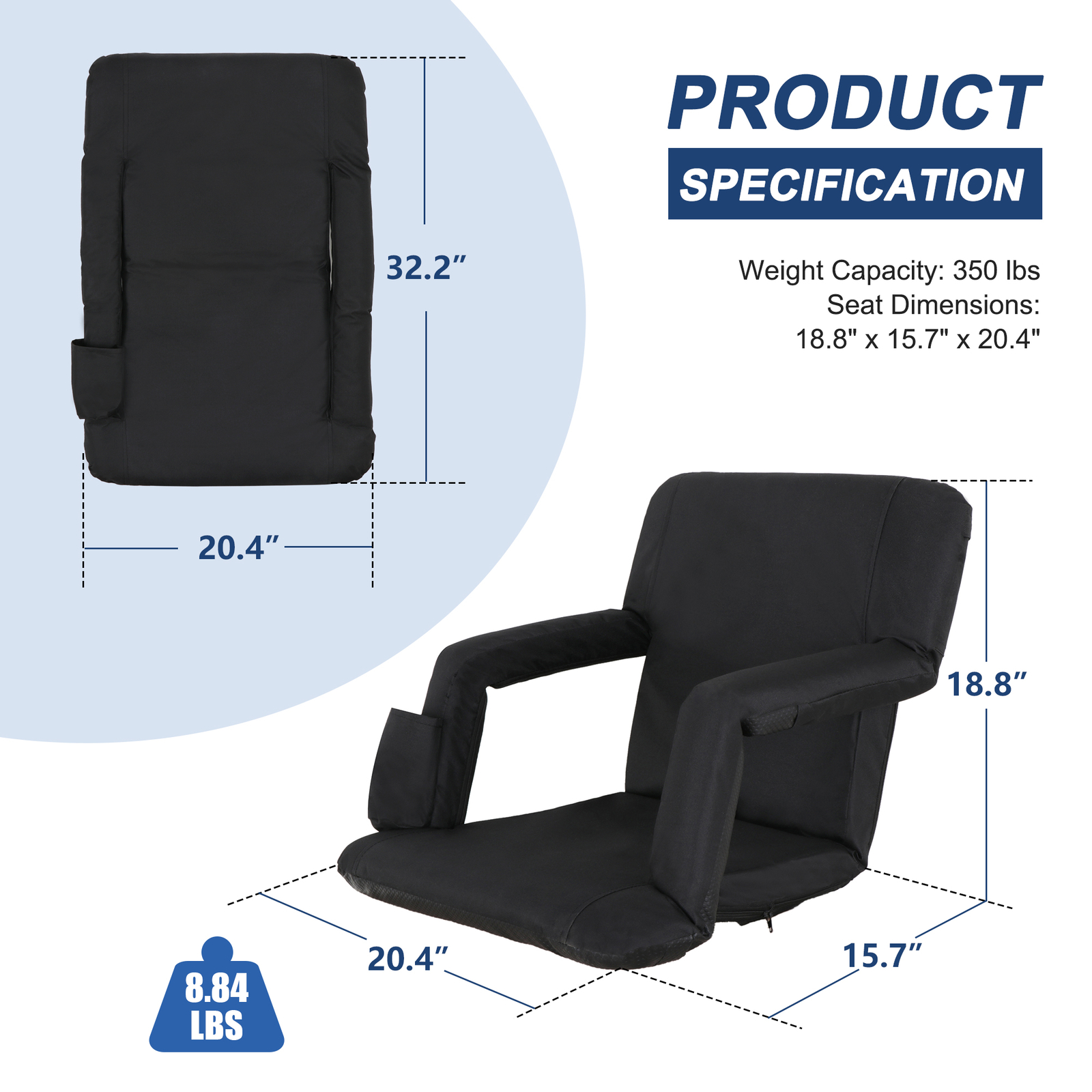 Wide Stadium Seats Chairs For Bleachers w/Back Cushion 5 Reclining Position