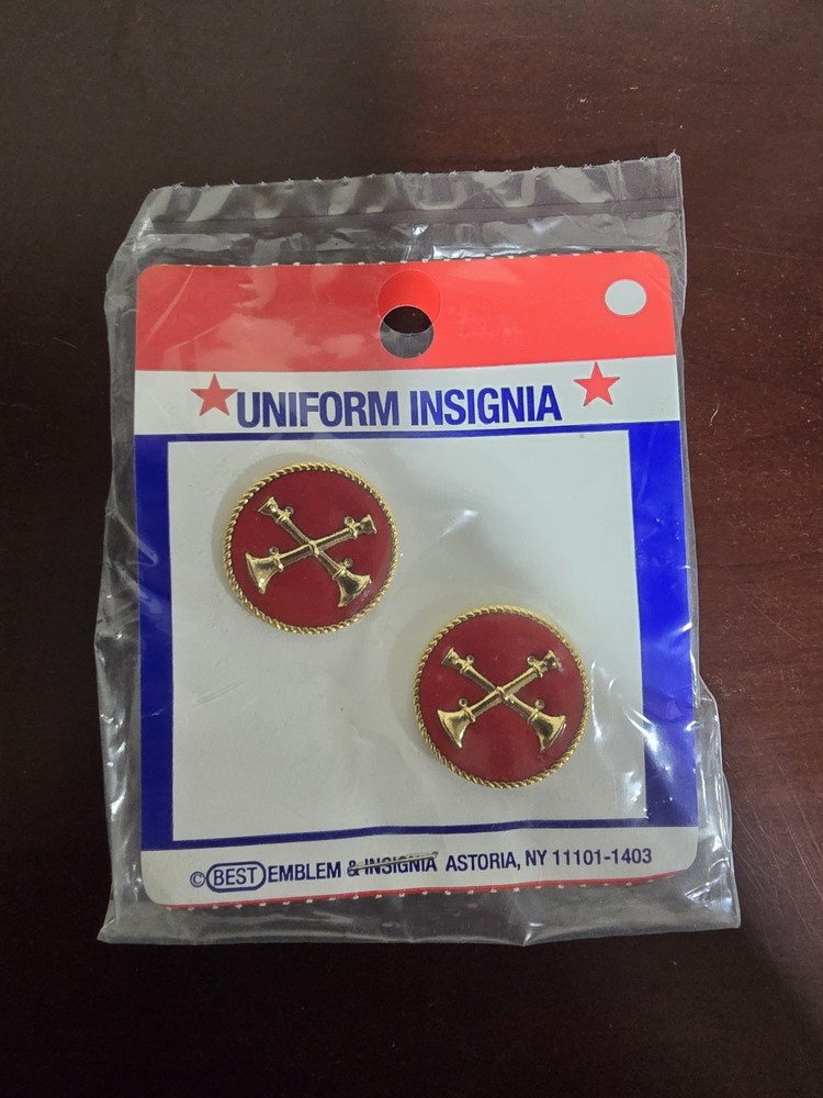 Battalion Chief 2 Bugle Crossed Collar  Pin Fire Dept Red Disk FD Capt