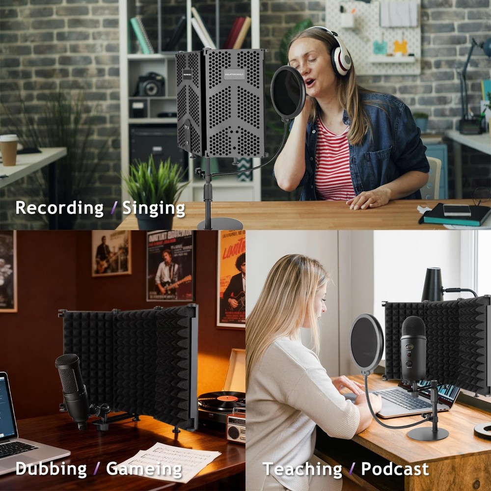 Microphone Isolation Shield, 3 Panels Sound Proof Mic Shield with Mic Stand a...