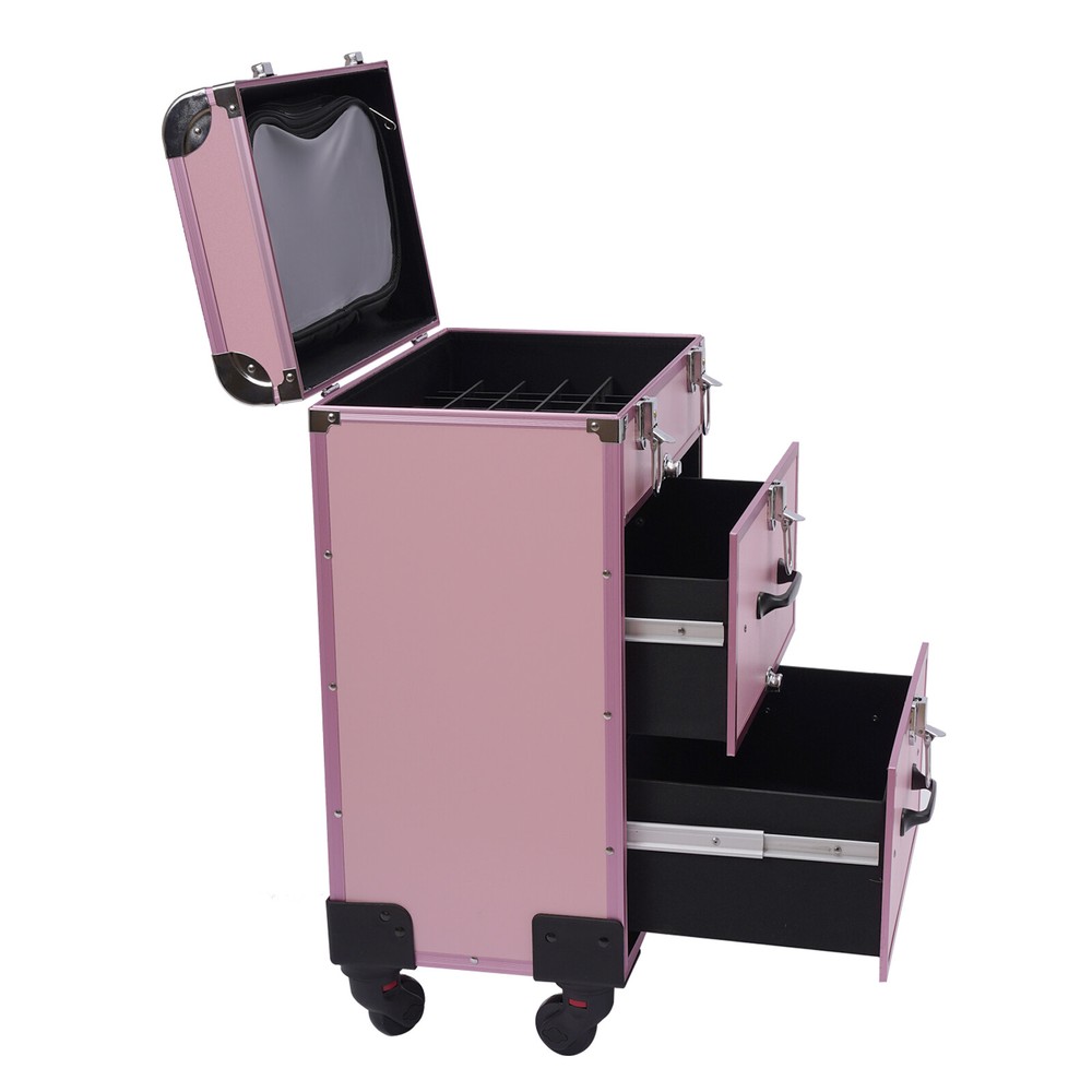 Rolling Makeup Train Case with Drawers Professional Cosmetics Storage Organizer