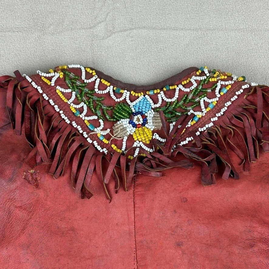 1880 - 1920 Handmade Red Leather Beaded Ceremonial Coat Native American Western
