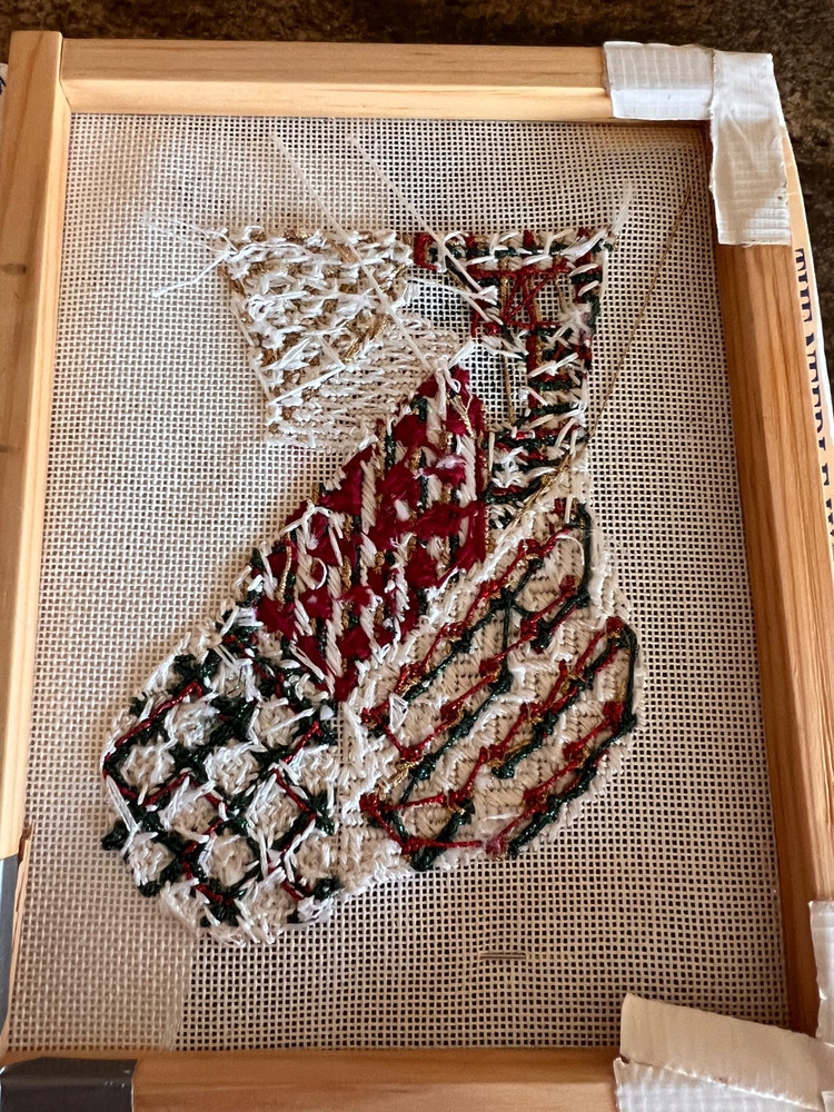 NOEL MINI SOCK NEEDLEPOINT 90% Complete Instructions Side Notes Floss, Metallic