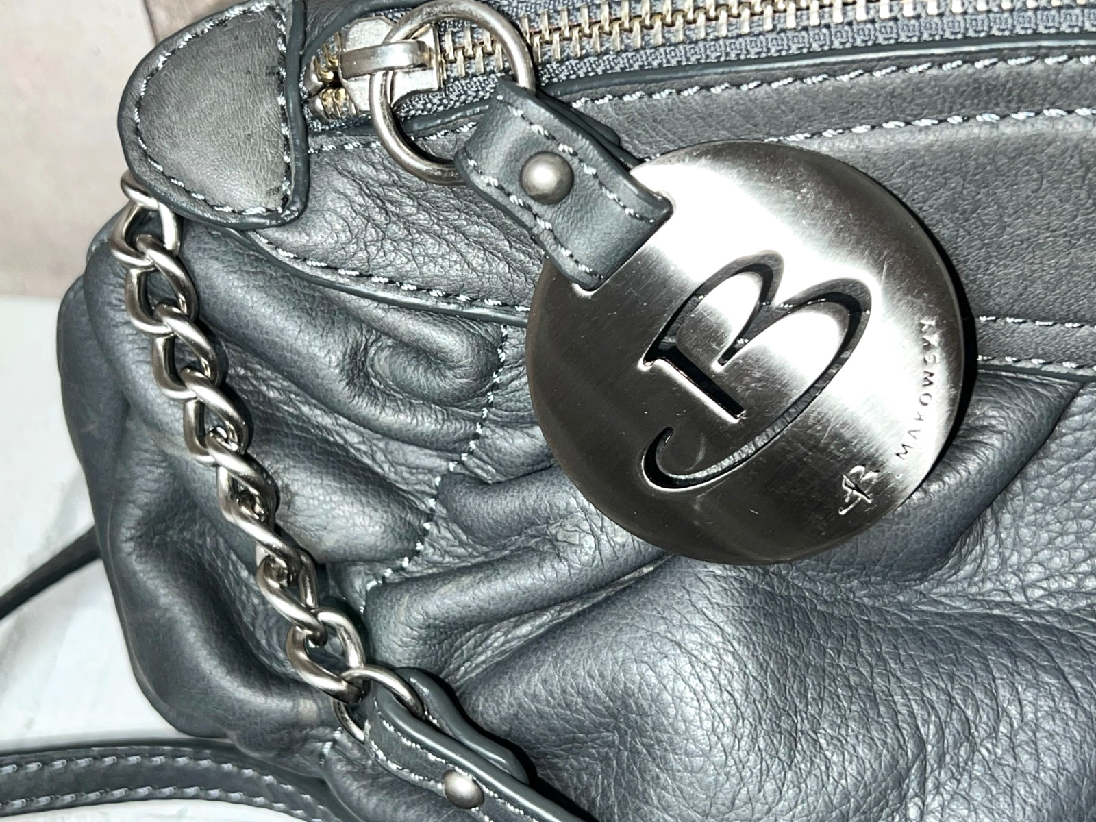 B Makowski Gray Leather Crossbody Bag, Dust Bag Included