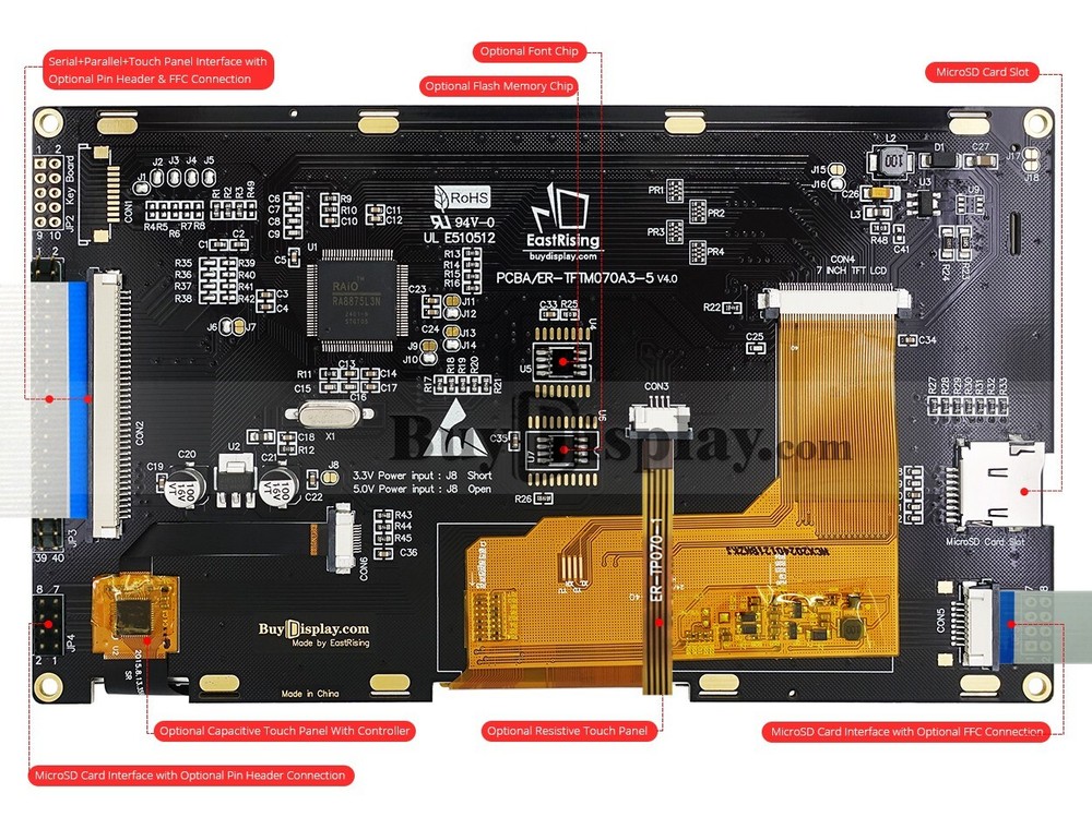 7" 7 inch TFT LCD Display Module w/R-Touch Screen Panel,I2C,Serial SPI,Tutorial