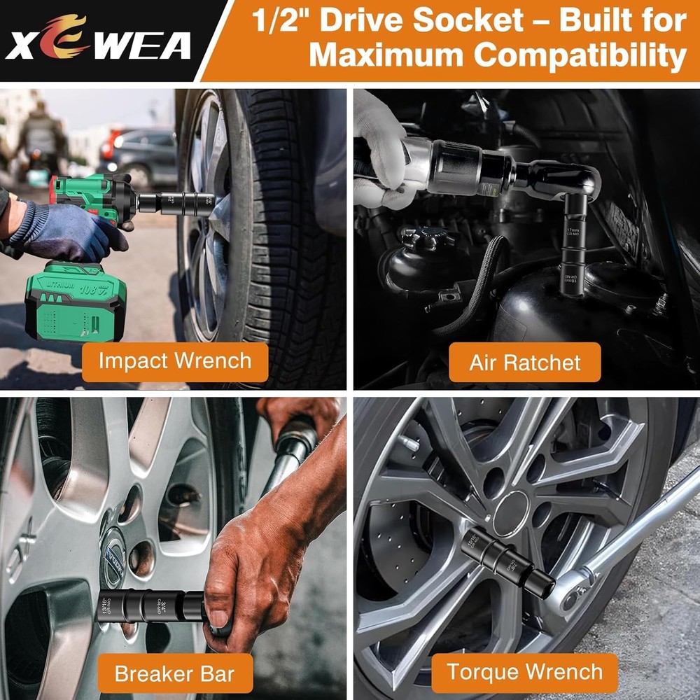 6PCS Lug Nut Impact Socket Set, XEWEA 1/2" Drive 8-IN-4 Flip Socket Design Metri