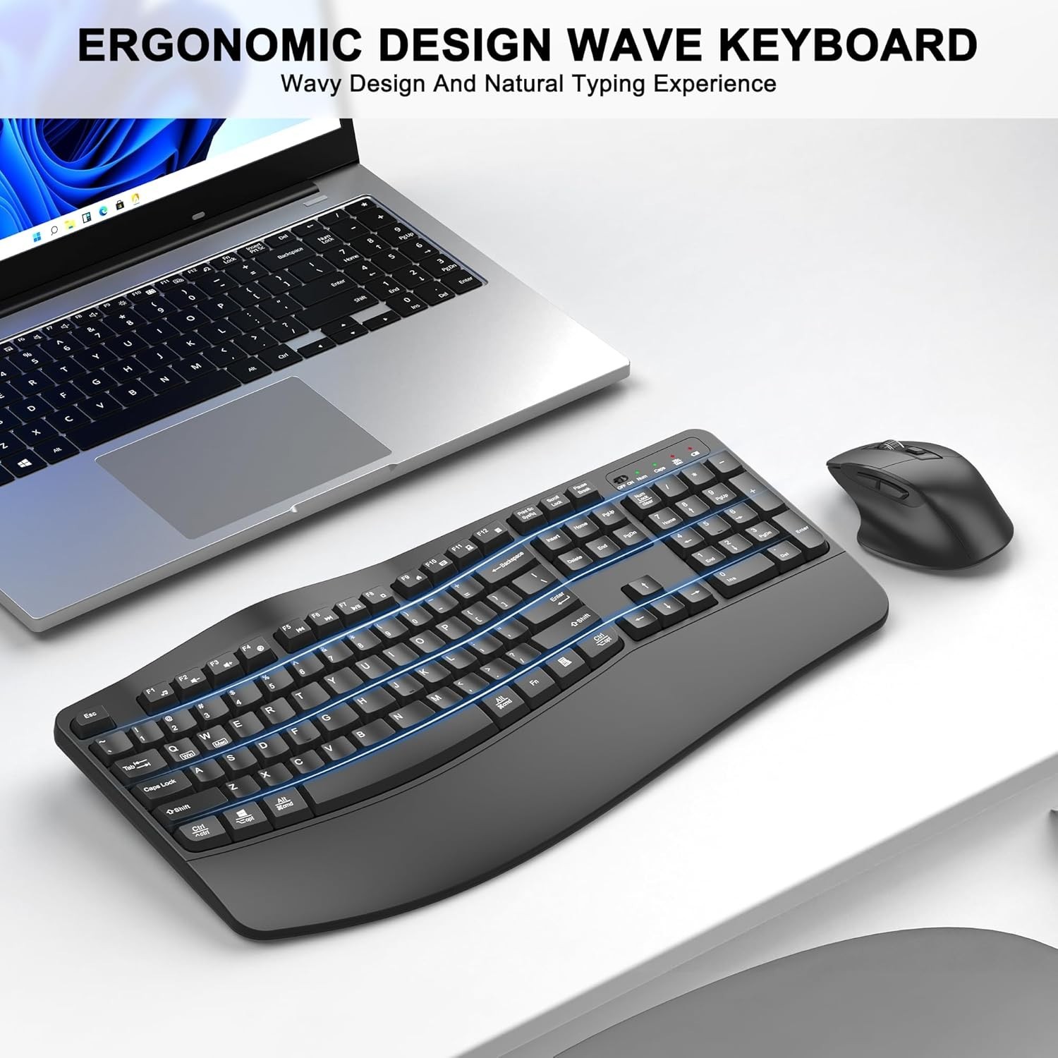 Wireless Keyboard and Mouse Combo, 2.4G Full Size Wave Keys Ergonomic Keyboard