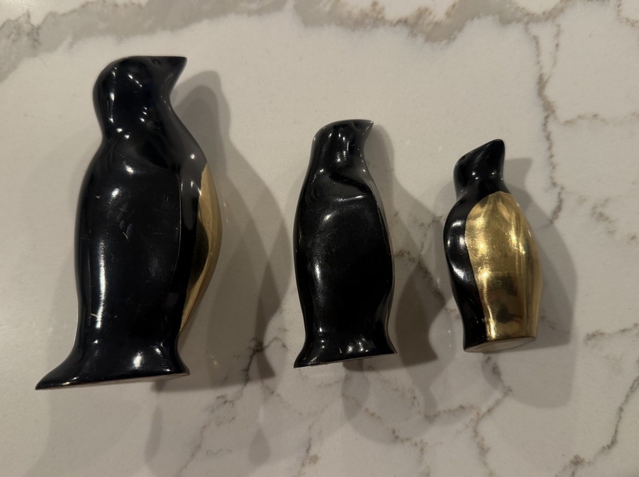 Vintage Brass & Enamel Penguin Figurines Set of 3 Black & Gold Mid Century Style