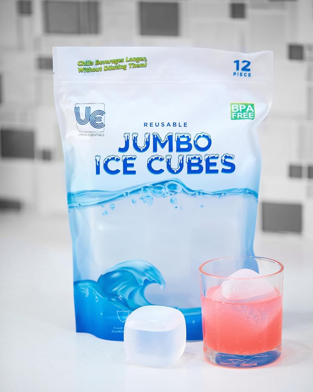 12 Pack JUMBO Reusable Plastic Ice Cubes Quick Freeze Clear 2" Square