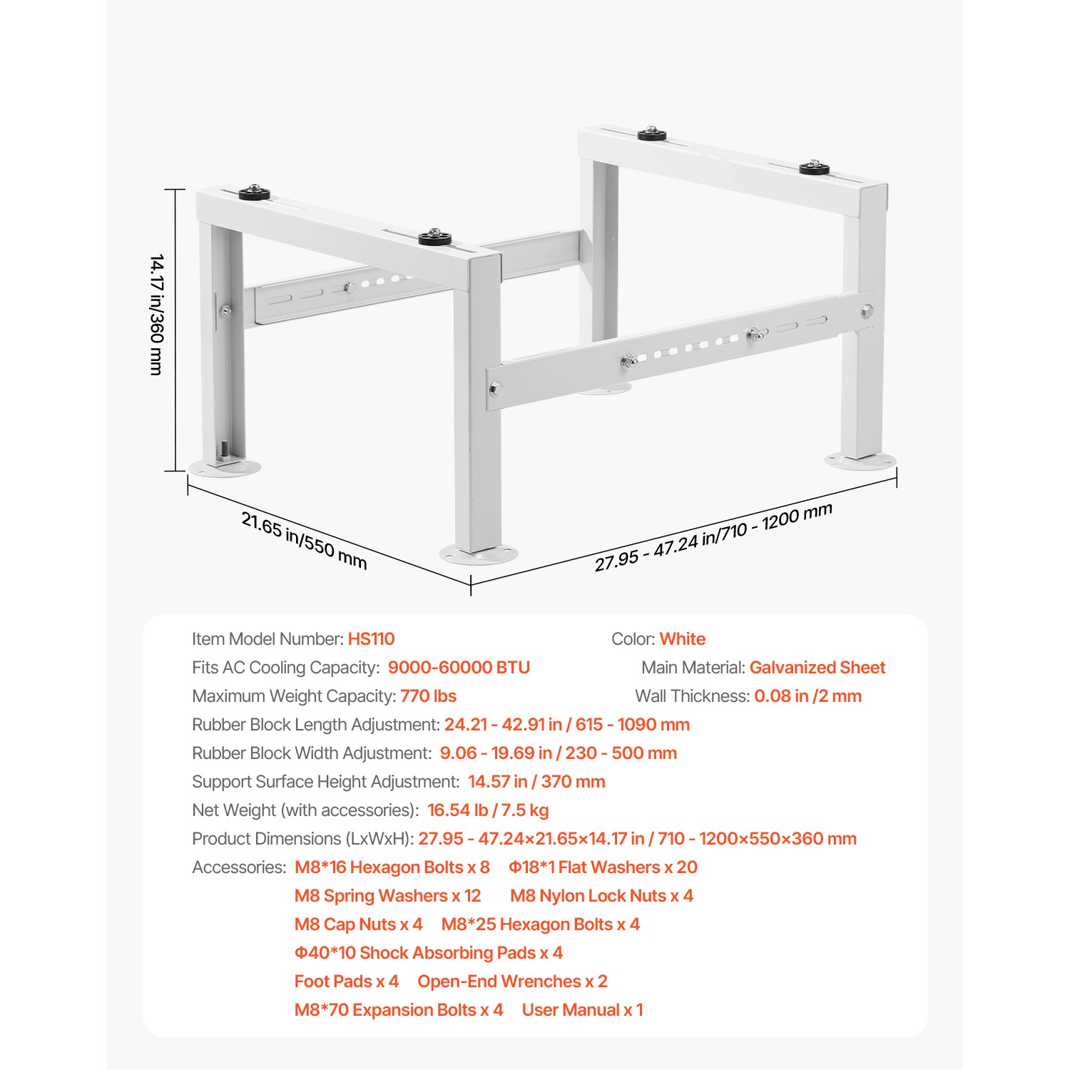 Mini Split Ground Stand Adjustable Anti Vibration for 9000-60000 BTU