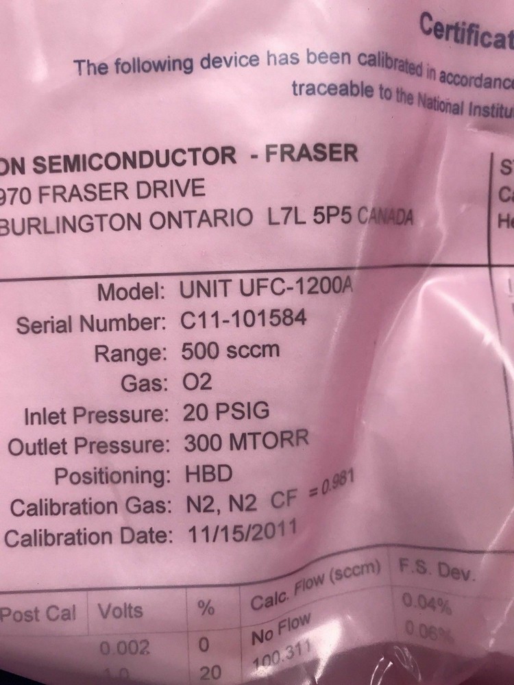 Unit UFC-1200A Mass Flow Controller, O2, 500 SCCM, Used