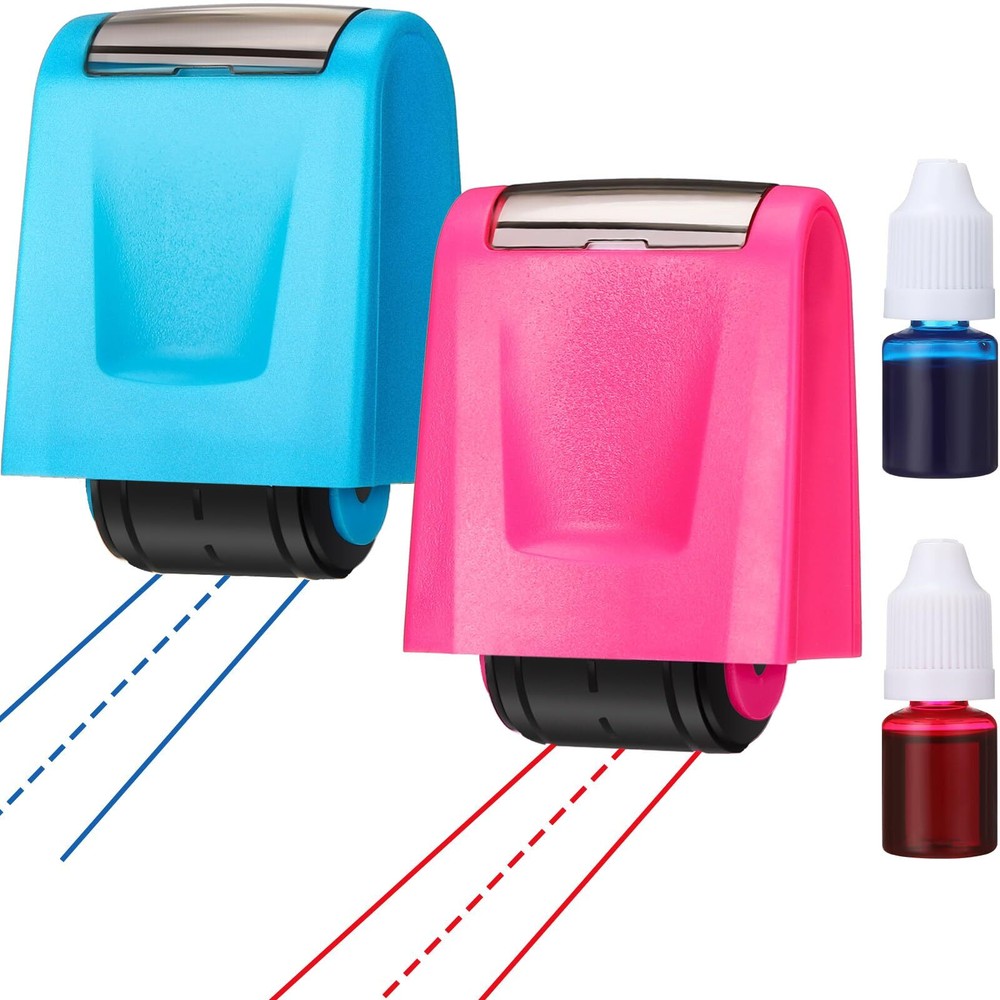 2 Pcs Dashed Handwriting Lines Stamps with Pink Blue Inks Refill Practice Sta...