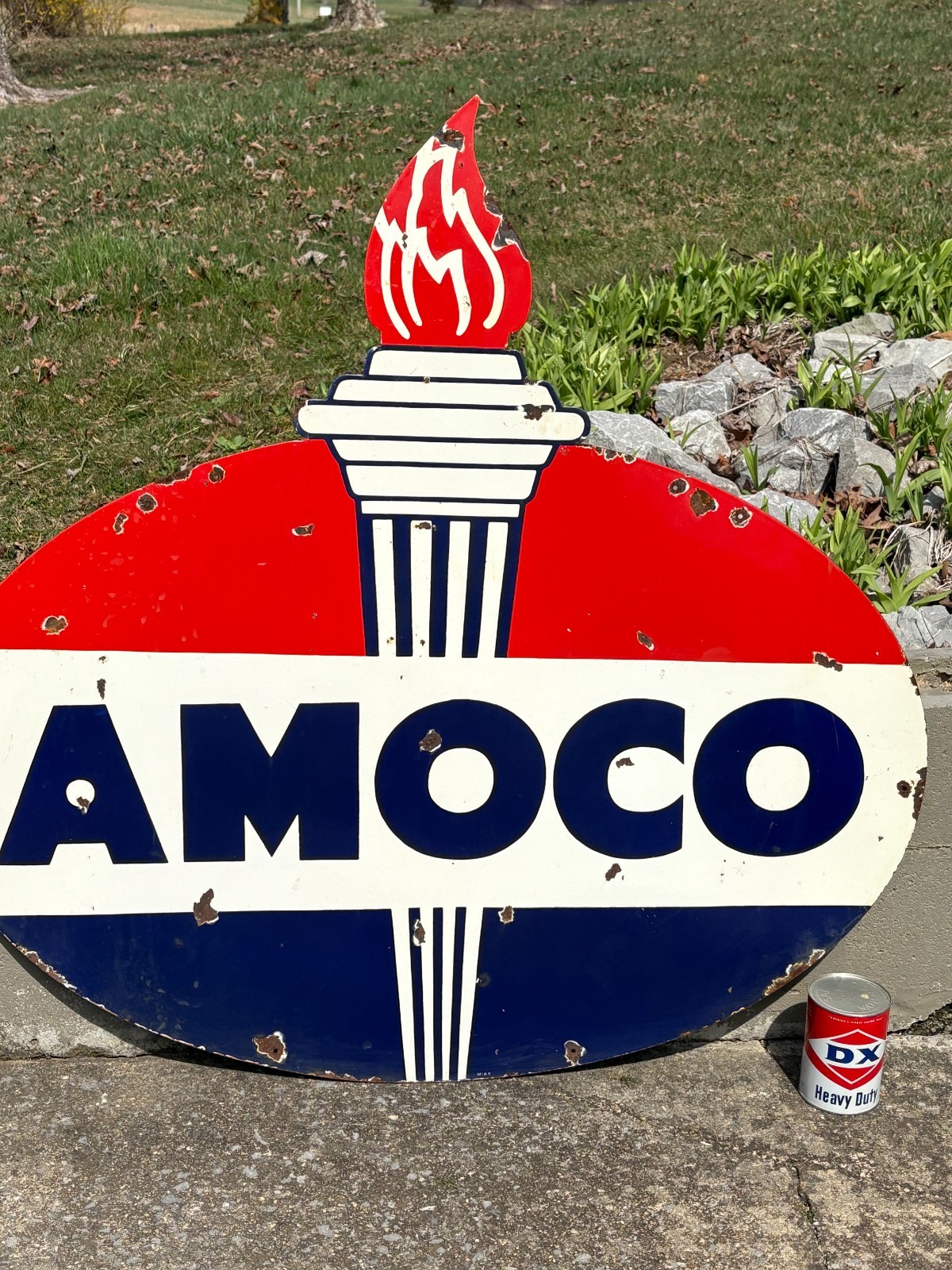 ORIGINAL 1950's "AMOCO GASOLINE" LARGE DOUBLE SIDED PORCELAIN DEALER SIGN, NICE