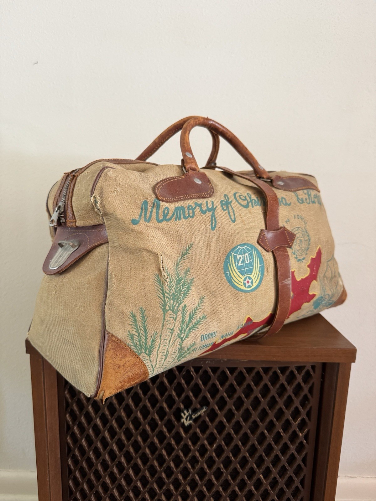 1950s Vtg Korean War Hand Painted Okinawa & Korea UN Forces Souvenir Duffel Bag