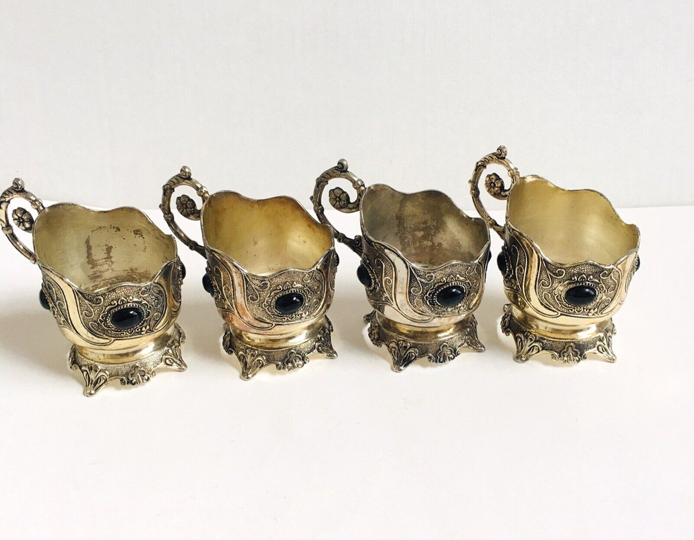 12 sets Tea Glass & Cup Holders Silver Plated With Black Stones Decorative E1-35