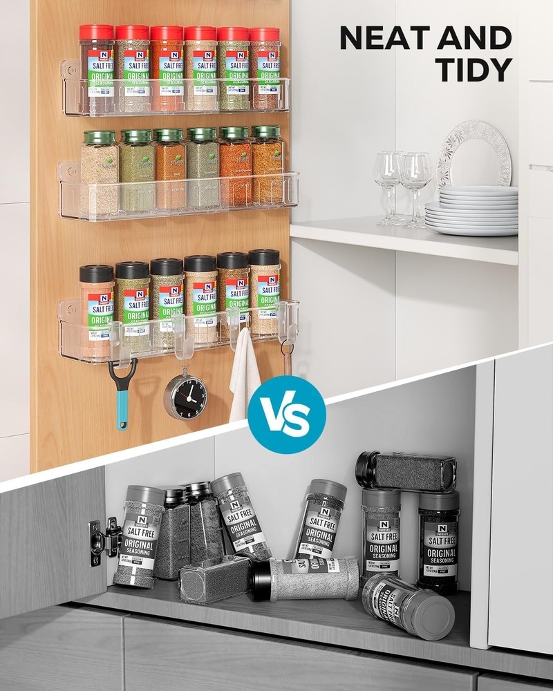 Easy Installation Wall Mount Spice Rack - 4 Clear Shelves for Kitchen Efficiency