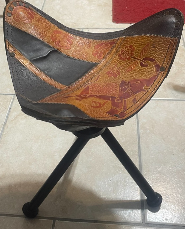 vintage 1990's Pier 1 Imports leather patchwork tripod stool