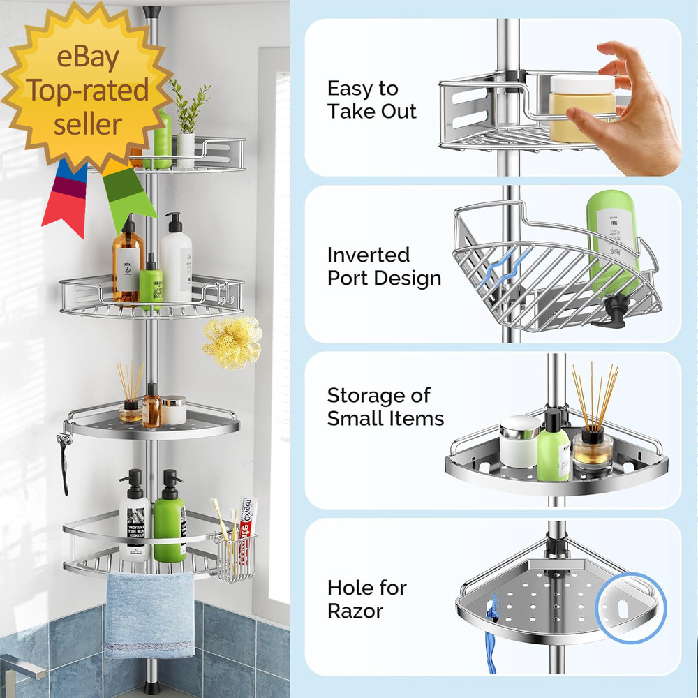 Corner Shower Caddy Tension Pole Quick Installation 4-Tier Rustproof Bathroom Or
