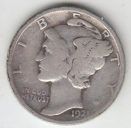 SEMI-KEY DATE 1921 MERCURY DIME VG