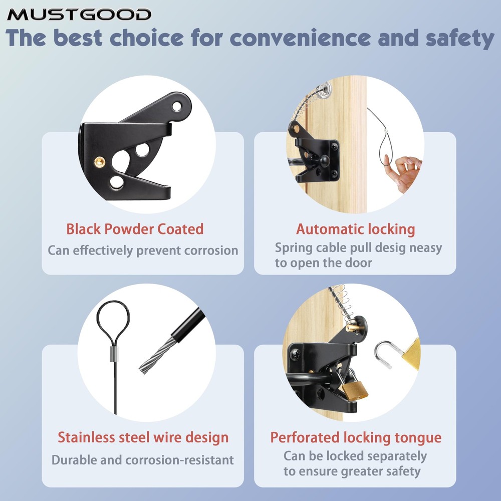 MustGood Self-Locking Gate Latch with Stainless Steel Spring Cable Pull Black