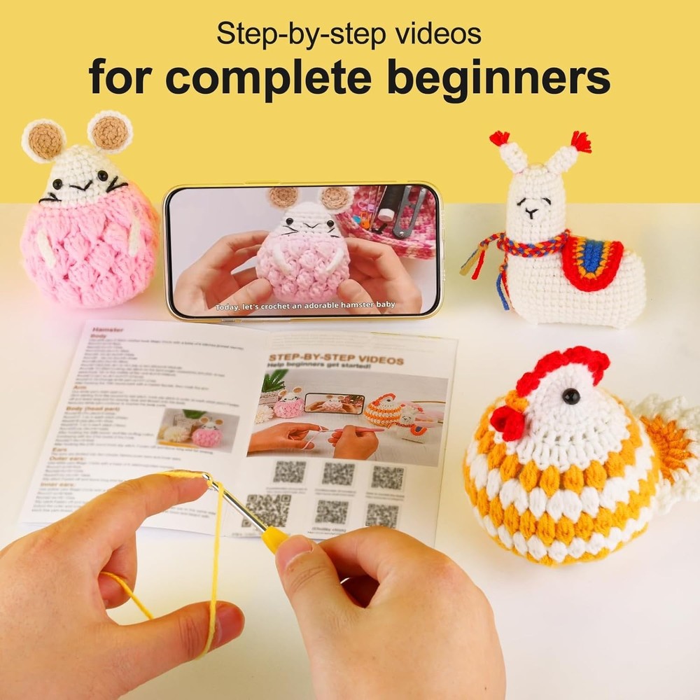 Beginner Crochet Kit with Step-by-Step Tutorials – Create Adorable Alpaca & More