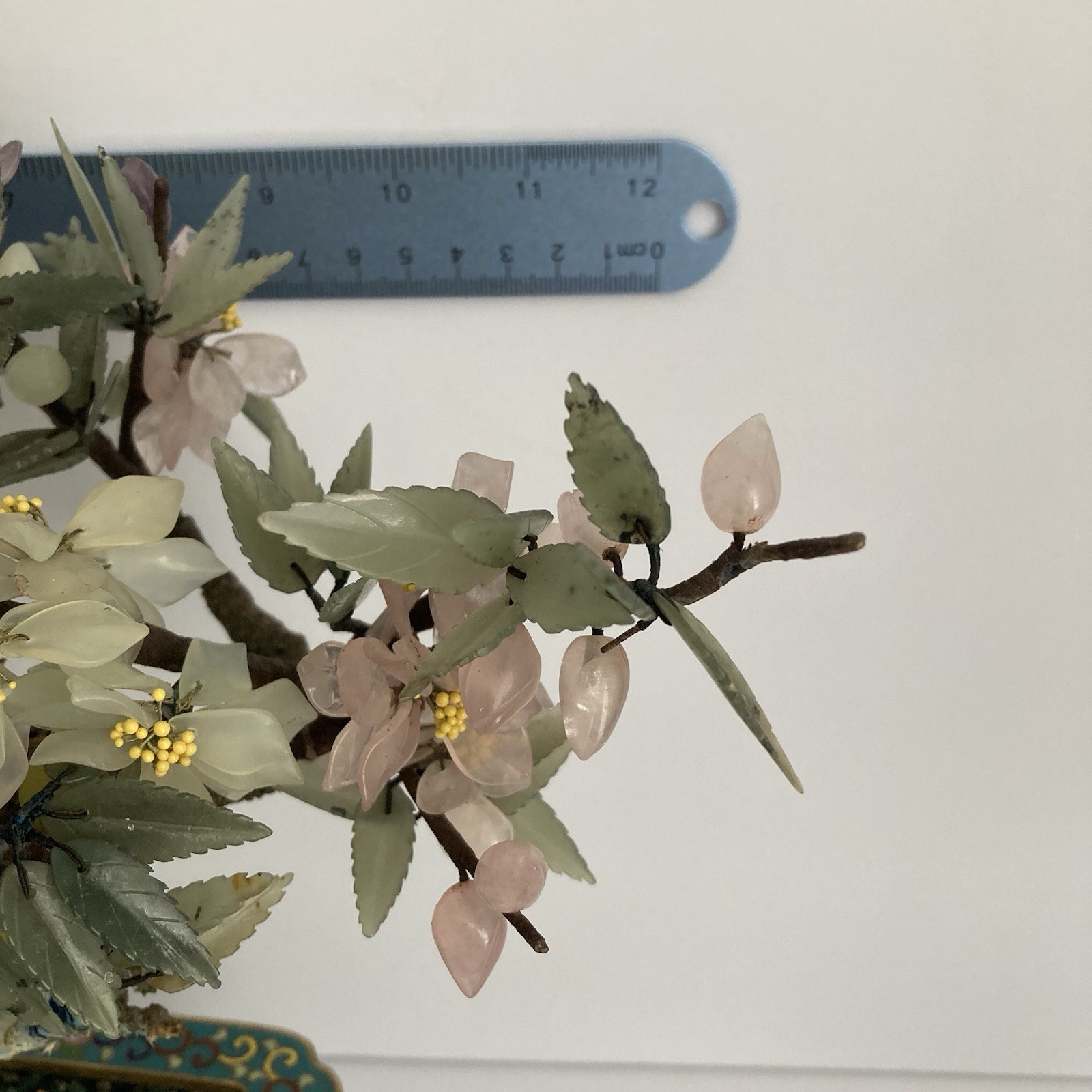 Pair Antique Chinese Jade Bonsai Tree in Cloisonne Pot w Amethyst Carnelian VTG