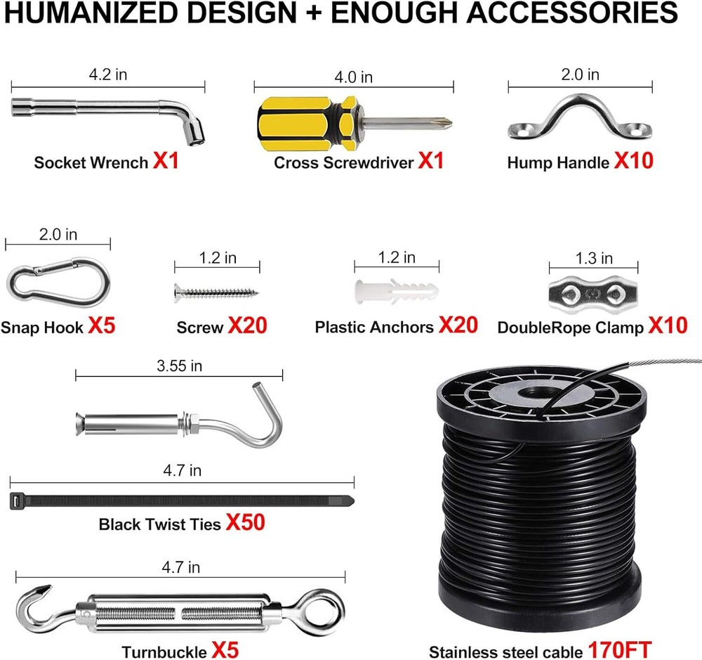 Globe String Light Suspension Kit Outdoor Light Guide Wire 170FT Coated 304 Rope