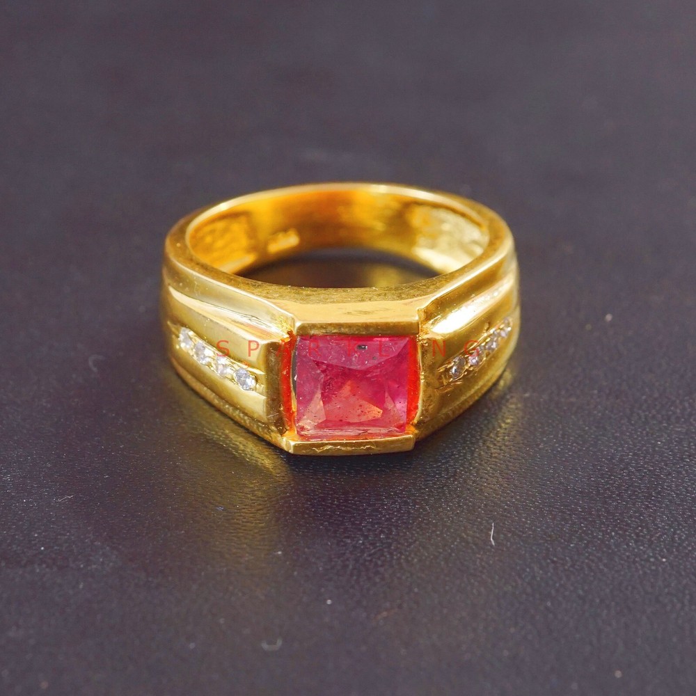 Ruby Cushion Cut With 925 Sterling Silver Gold Plated Ring For Men's #E532