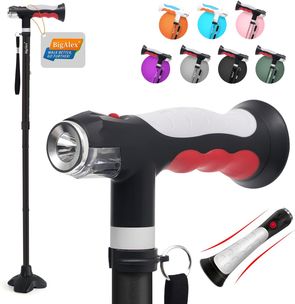 Folding Walking Cane with Two Led Lights for Elderly Solid Base Adjustable Walki