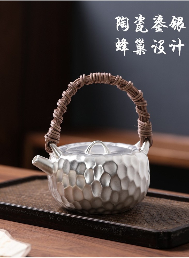 KungFu Tea Set 999 Sterling Silver Pot Cup Ceramic Hammer Pattern Portable Set