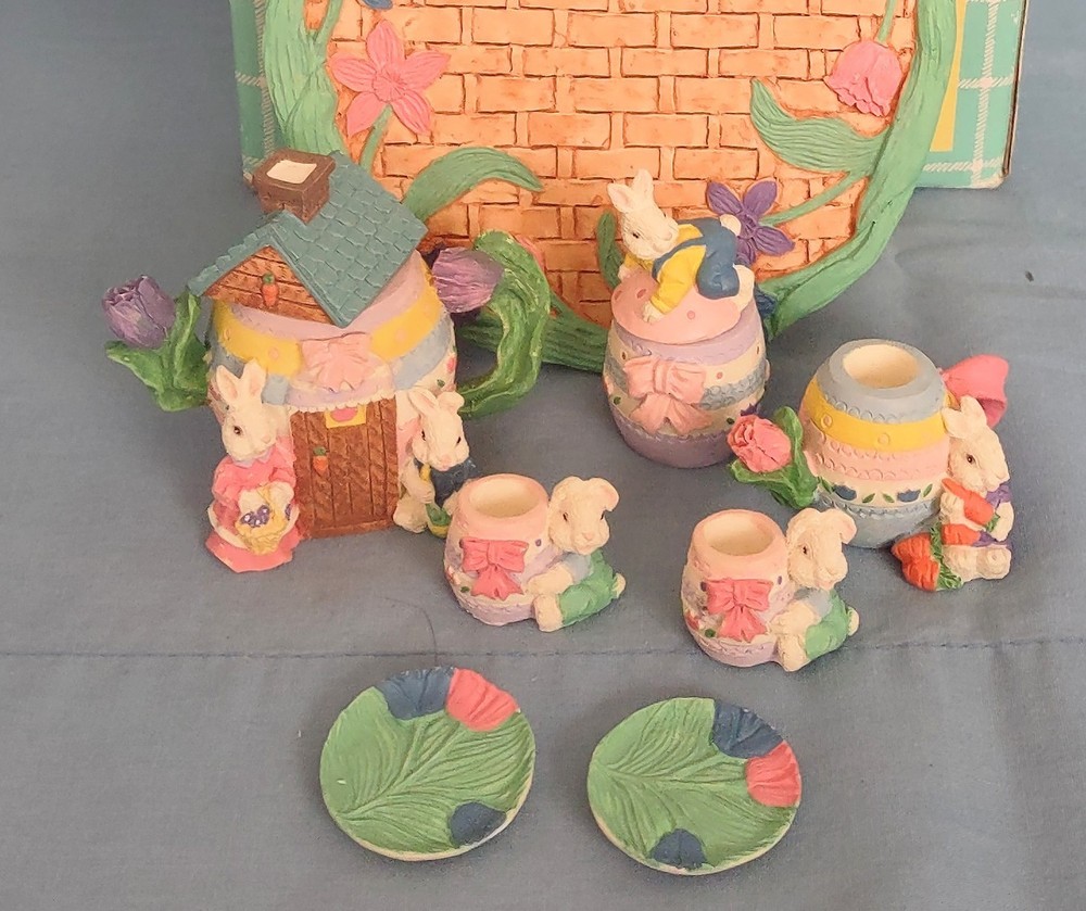 VTG Easter Bunny Miniature Ceramic Tea Set 10 Piece Spring Decor