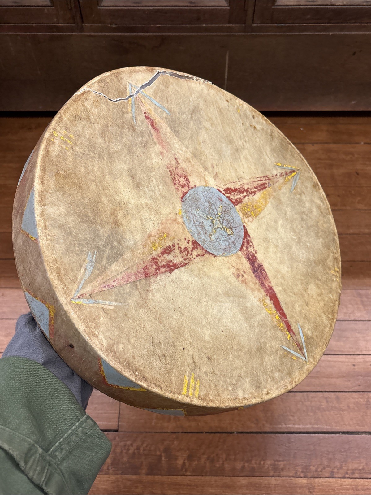 Antique Native American Plains Painted Drum Pictorial Morning Star Painted Drum