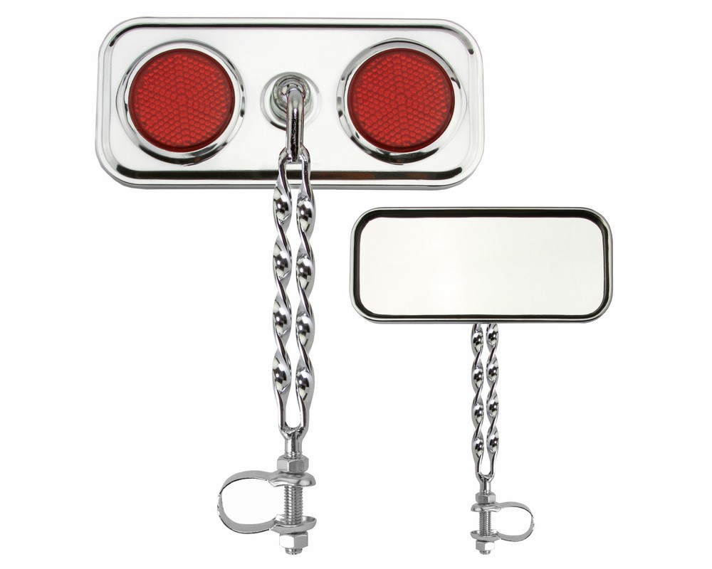 Two Bike Rectangle Double Flat Twisted Mirror Chrome Red Reflectors.