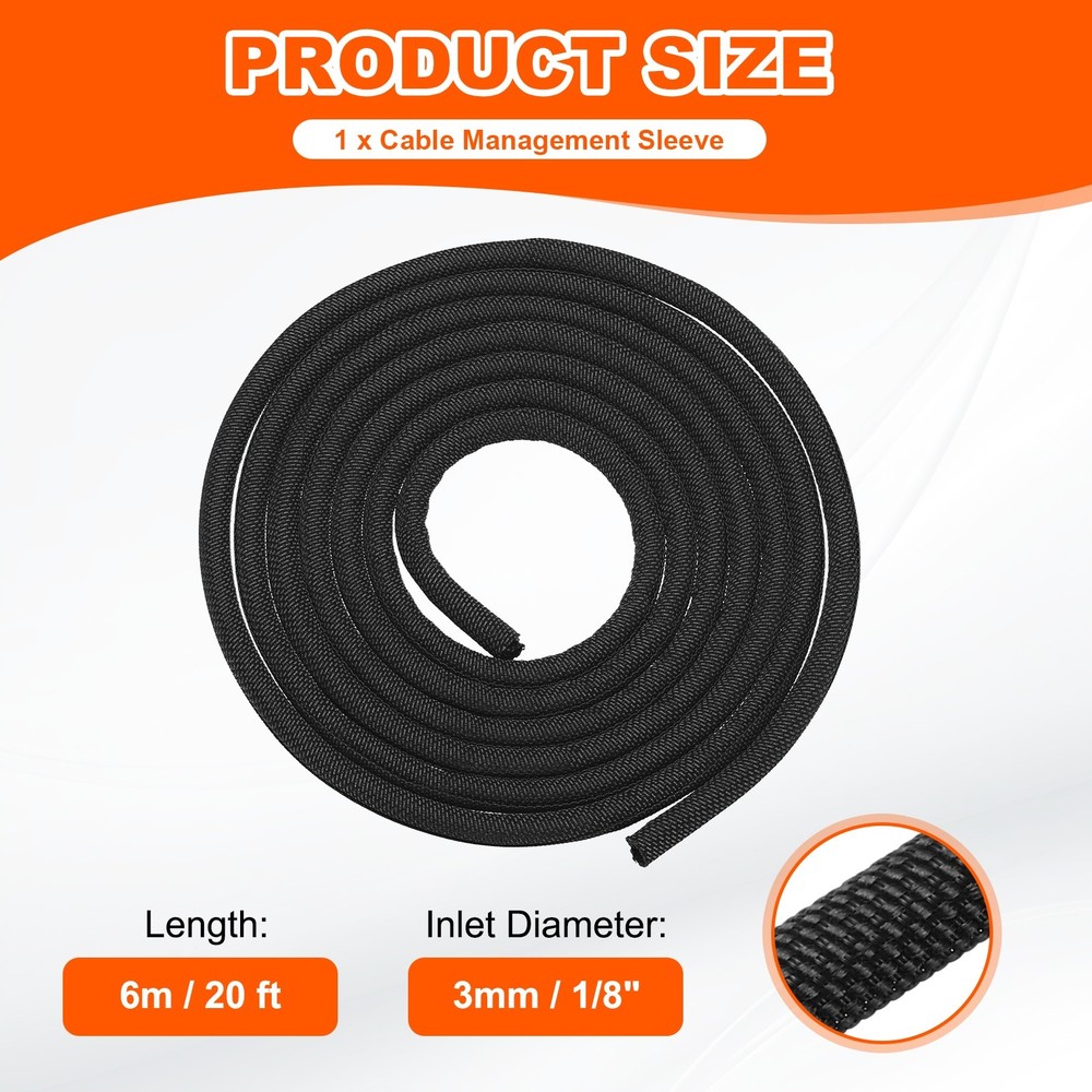 Wire Split Braided Cable Management Sleeve, Black (1/8" - 20 Feet)