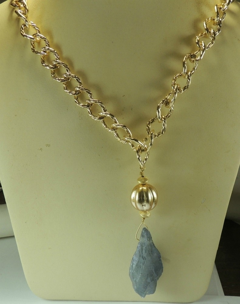 Statement Textured  Chain Necklace  Rough Blue Quartz Handmade