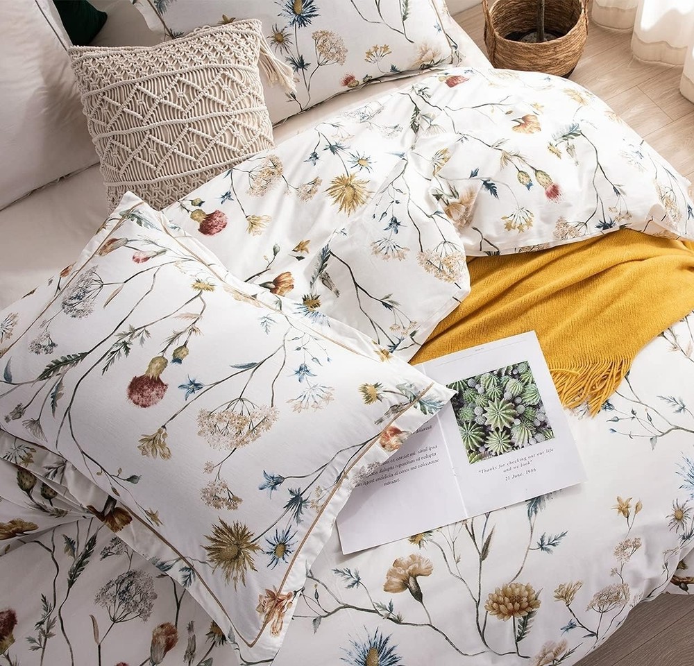 Comforter Queen Size, 600 Thread Count Cotton White Printed with Flowers
