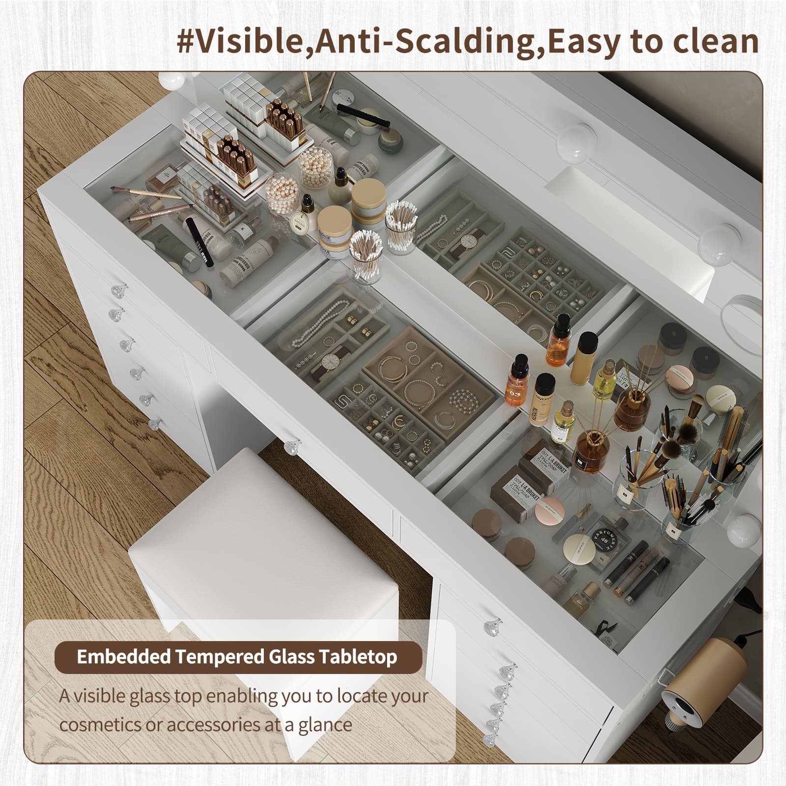 55" Makeup Vanity Desk with Lighted Mirror, Vanity Table Gift, 13 Drawers, White