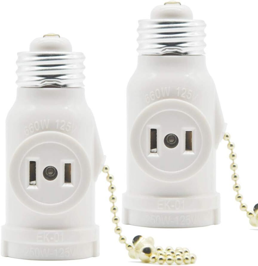 2 Pack E26 Light Bulb Socket Adapter With Pull Chain Switch For Extra Outlet
