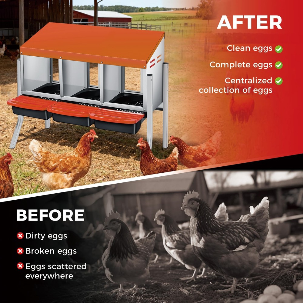 Chicken Nesting Box 3-Compartment Chicken Egg Laying Box with Bracket Legs