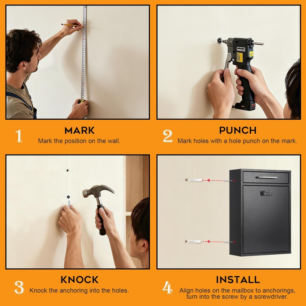 xydled Wall Mount Mailboxes with Combination XL Large, Black Lock
