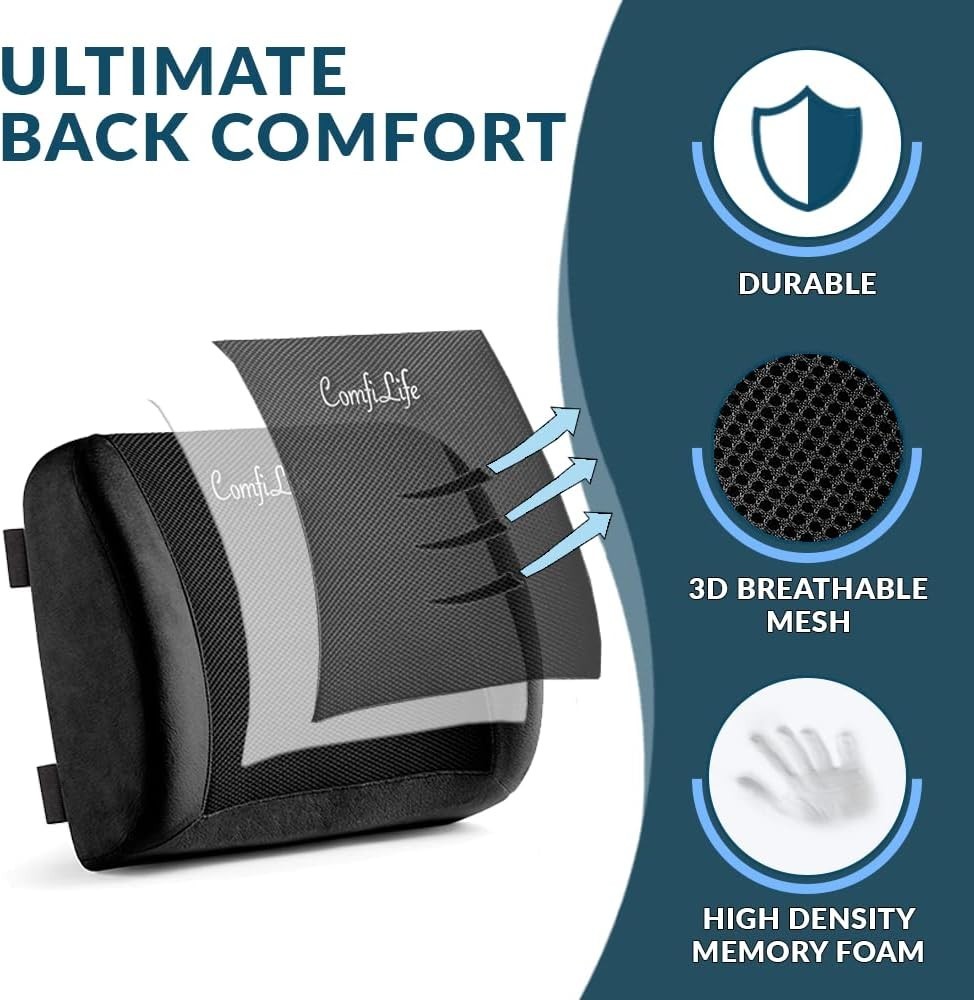 Breathable 3D Mesh Lumbar Support Pillow with Adjustable Strap - Black Elegance