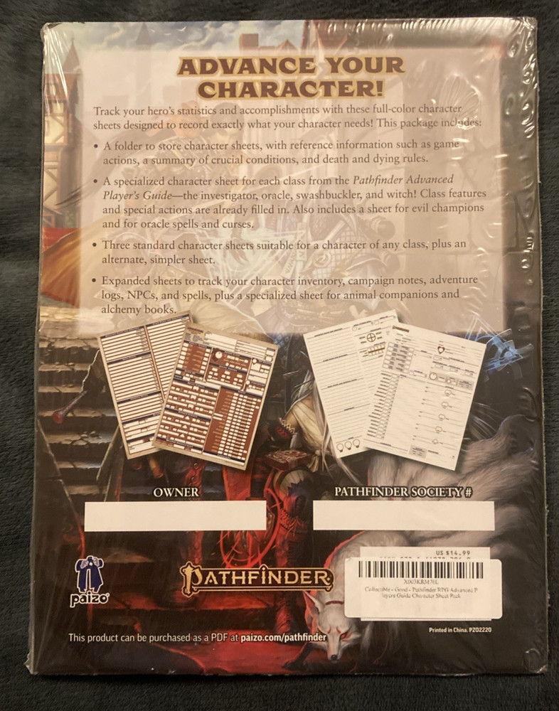 Pathfinder Advanced Player’s Guide Character Sheet Pack Sealed 2nd Ed.
