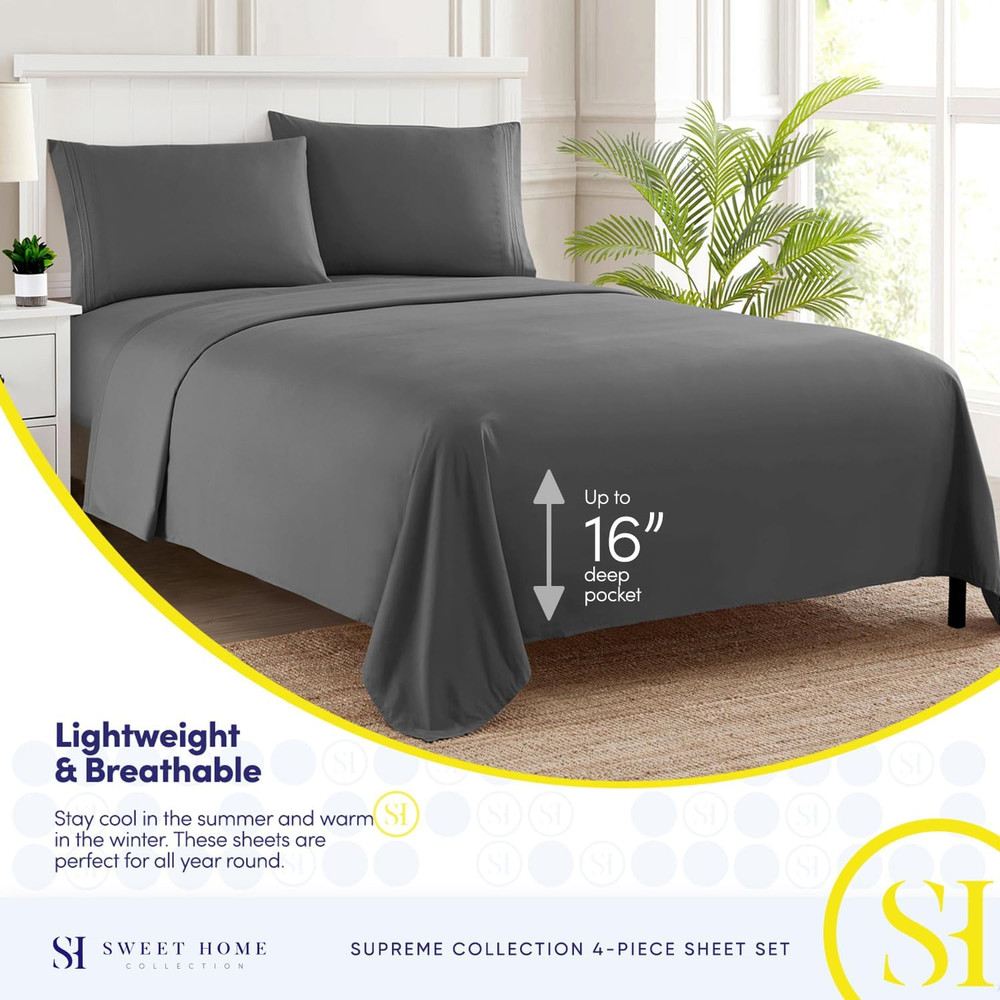 Queen Bed Sheets Set Gray Extra Soft Deep Pocket with Corner Straps