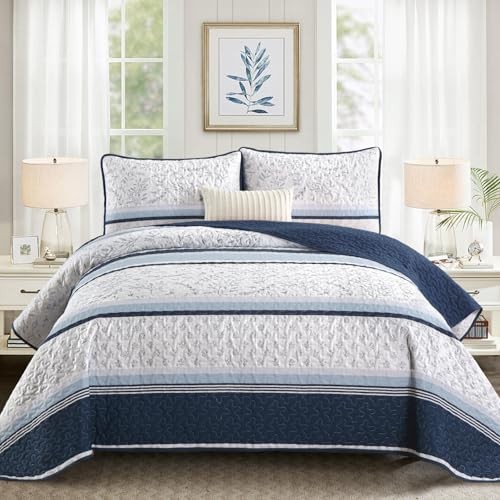 Striped Quilt Set Size Boho Striped Patchwork Leaves Printed Queen Navy Blue
