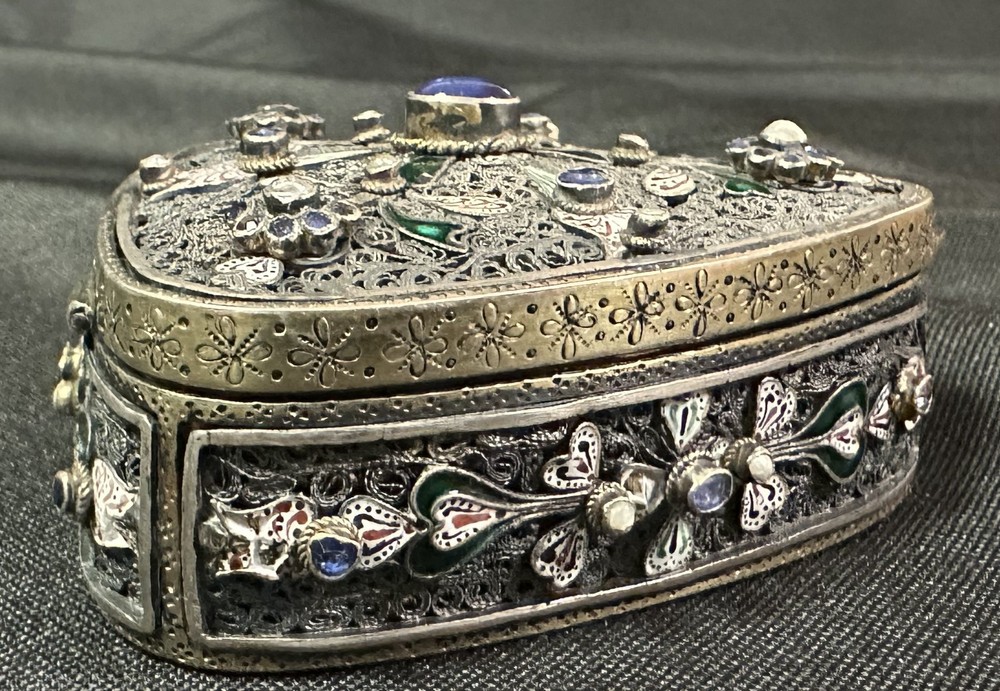 Antique Austrian Jeweled Silver Box Enameled Triangular with Great Work