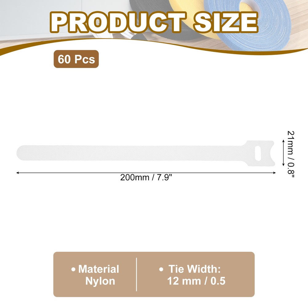 60Pcs 8" Reusable Cable Ties Adjustable Cable Management Ties White