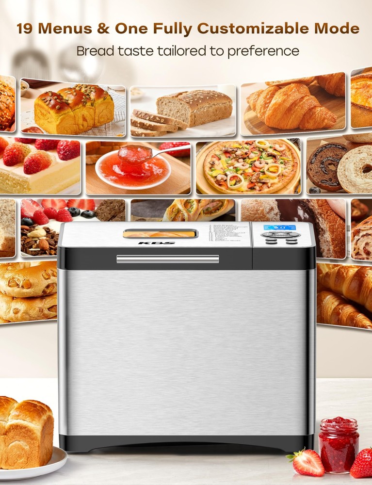 KBS 19-in-1 Programmable Bread Maker, 2LB Bread Machine with Healthy Ceramic Pan