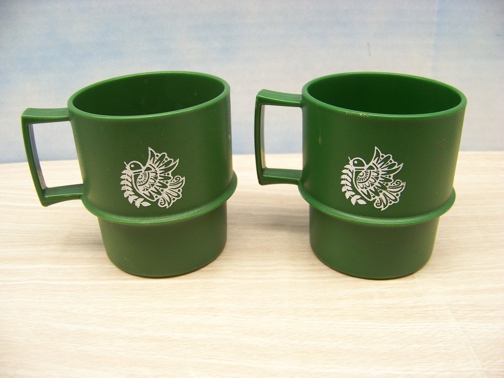 Tupperware Stackable Mugs - Green - Peace or Holiday White Dove Design - Two